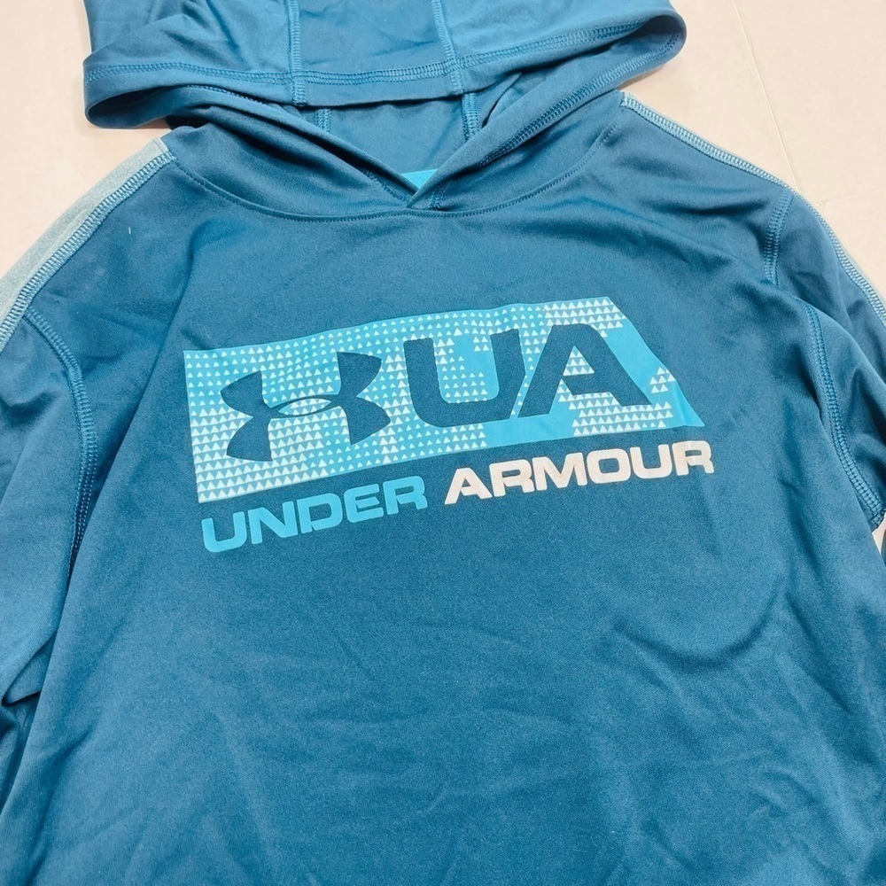 UNDER Armour HeatGear Loose Fit Youth Blue Graphic Logo Athletic Pullover Hoodie - Picture 2 of 11